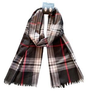 NWT Fraas polyester plaid scarf black gray red fringe lightweight unisex OS